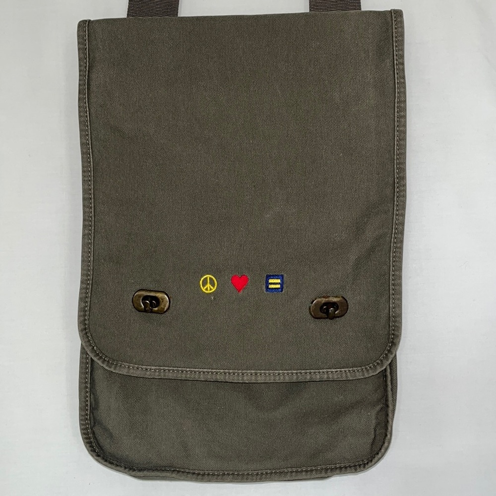 Authentic Pigment Khaki Canvas Bag w/PeaceSign, Heart,HumanRightsCampaignSymbols